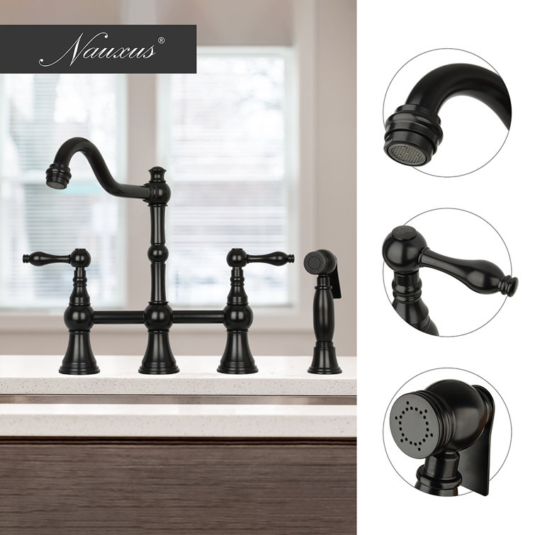 Matte Black Brass Bridge Kitchen Faucet with Pull-out Spray