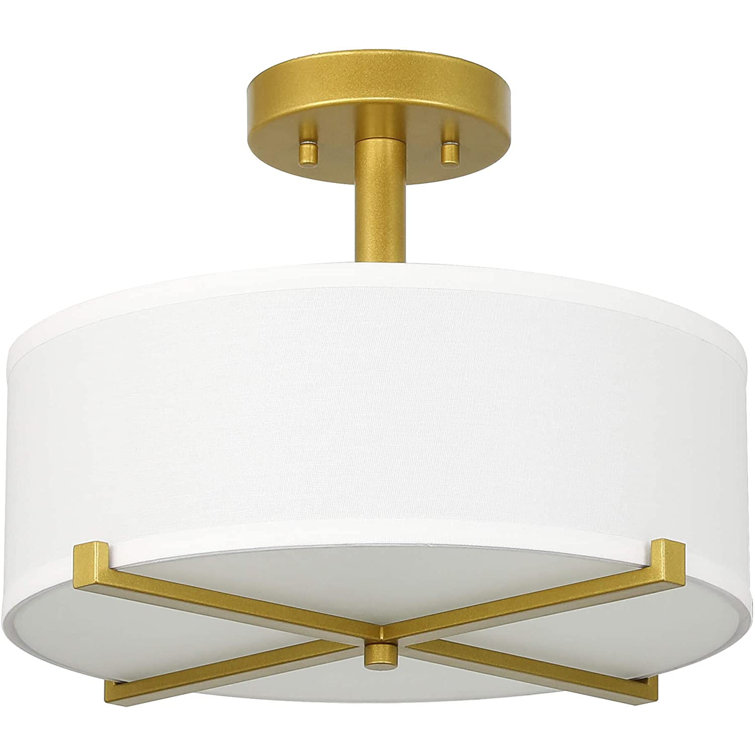 Gold Brass and White Drum Semi Flush Mount Light