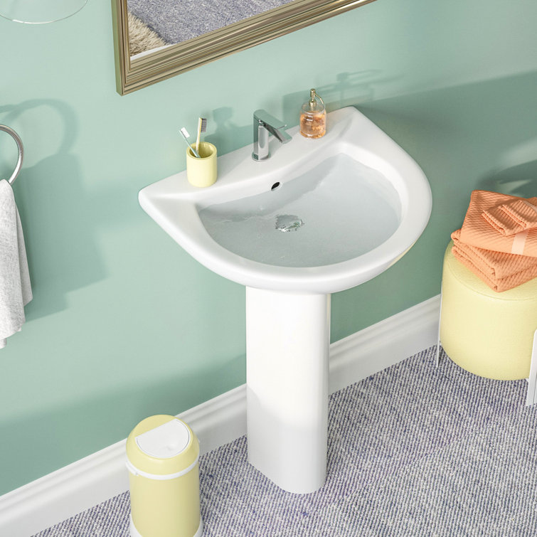 White Ceramic U-Shaped Pedestal Bathroom Sink with Overflow