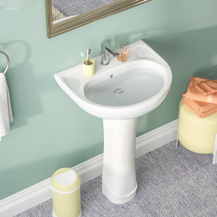 White Ceramic U-Shaped Pedestal Bathroom Sink with Overflow