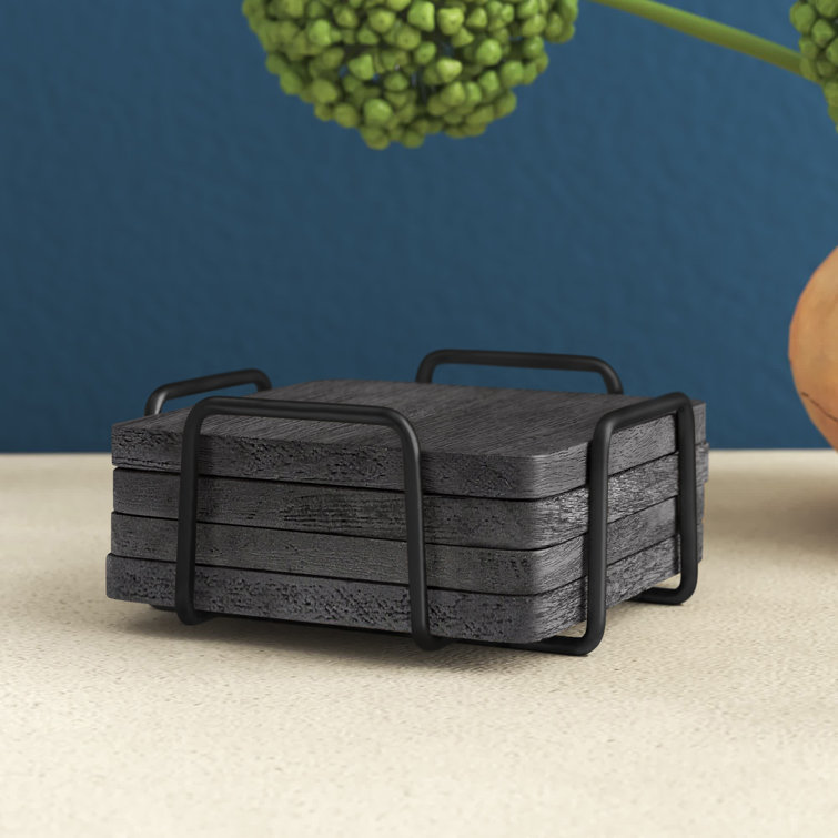 Black Acacia Wood Square Coaster Set with Holder