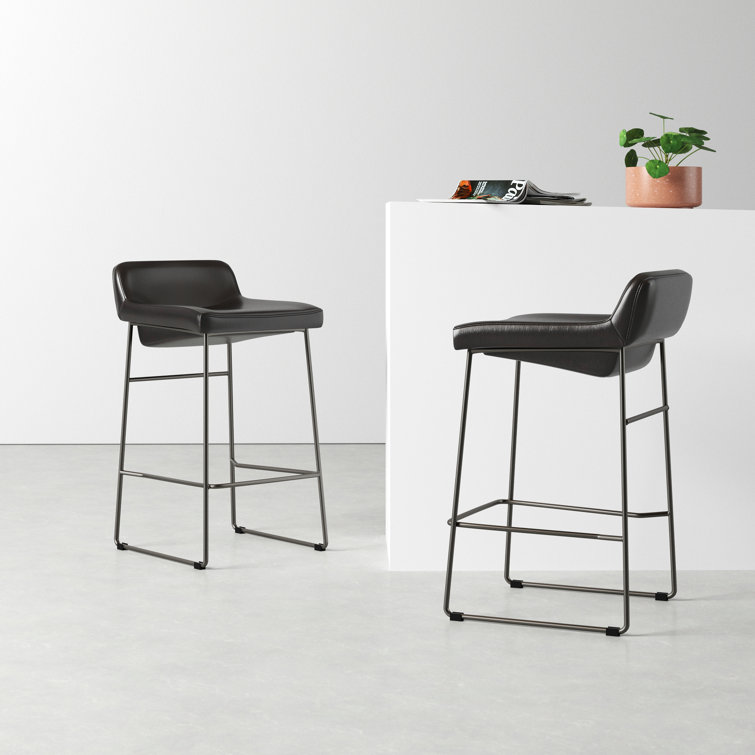Black Genuine Leather and Iron Saddle Counter Stools, Set of 2