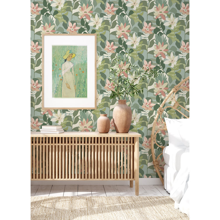Green Floral Non-Woven Removable Wallpaper Roll