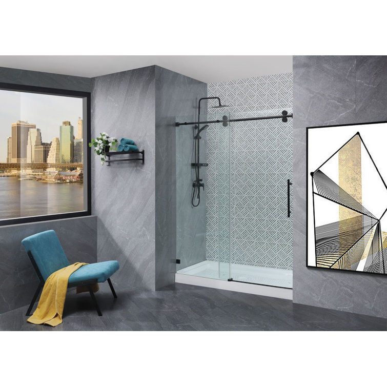 60-Inch Matte Black Frameless Sliding Shower Door with Clear Glass