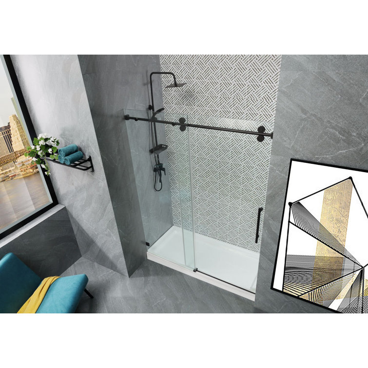 60-Inch Matte Black Frameless Sliding Shower Door with Clear Glass