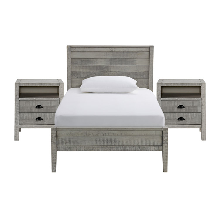 Gray Pine Wood Twin Bed with 2 Nightstands Set