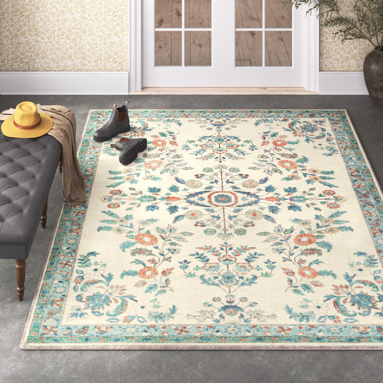 Blue and Cream Floral Synthetic Stain-Resistant Rug