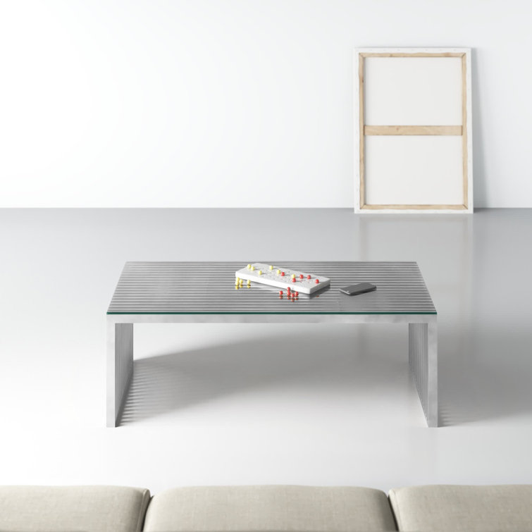 Gridiron 39.5" Square Stainless Steel and Glass Outdoor Coffee Table