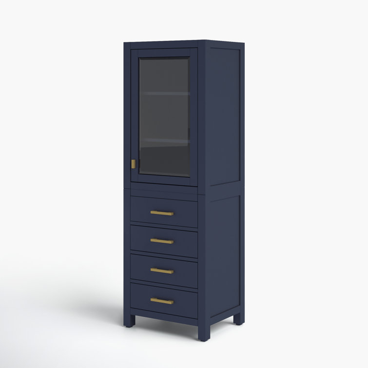 Navy Blue Poplar Wood Freestanding Bathroom Linen Cabinet with Adjustable Shelving