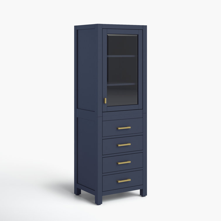 Navy Blue Poplar Wood Freestanding Bathroom Linen Cabinet with Adjustable Shelving
