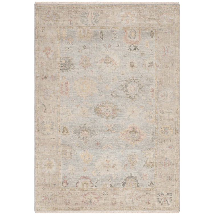 Light Blue and Sage Hand-Knotted Wool 6' x 9' Oriental Rug