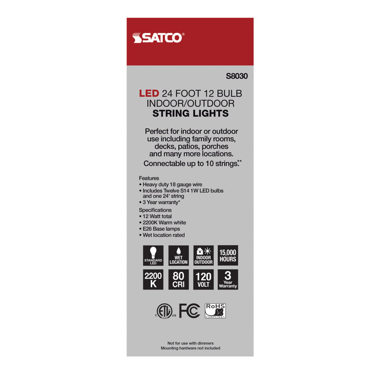24-Foot Black LED Outdoor String Lights with Warm White Bulbs