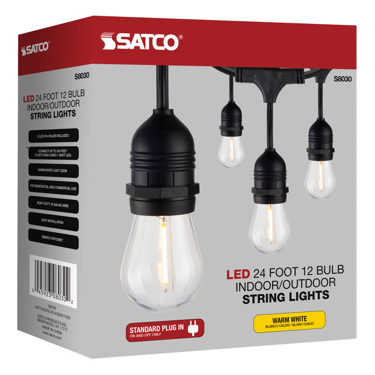 24-Foot Black LED Outdoor String Lights with Warm White Bulbs