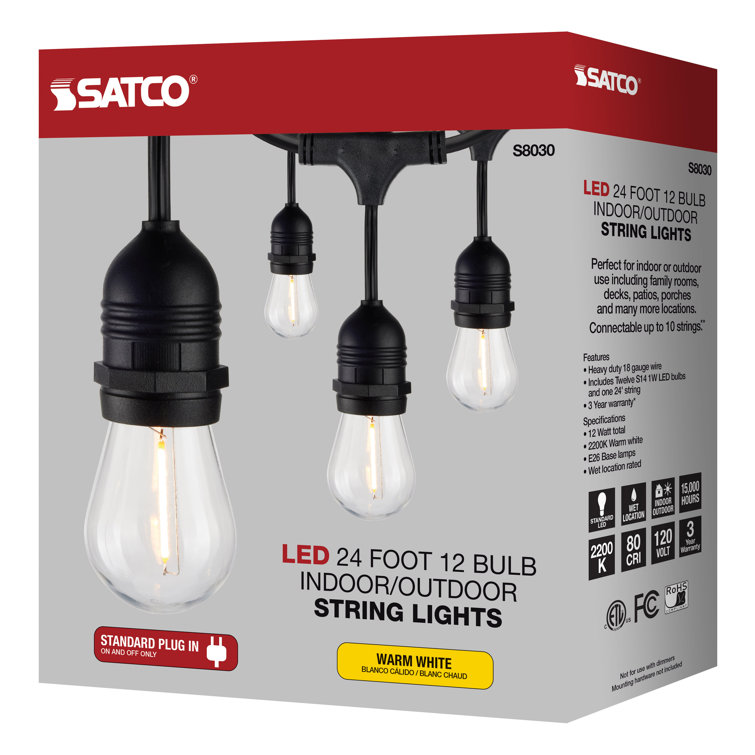 24-Foot Black LED Outdoor String Lights with Warm White Bulbs