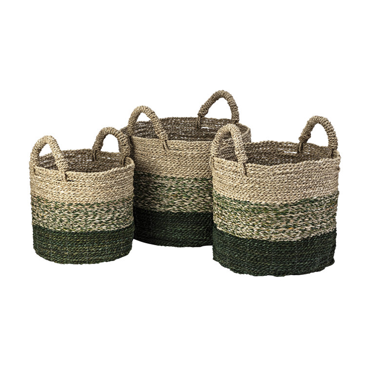 Handwoven Round Seagrass Baskets with Green Bands - Set of 3