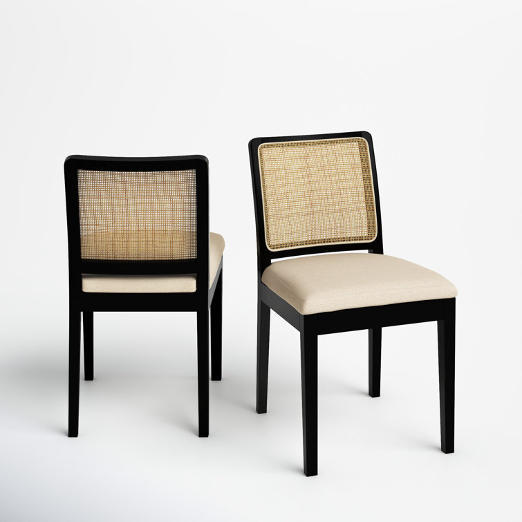 Black and Natural Elm Wood and Cane Side Chair Set