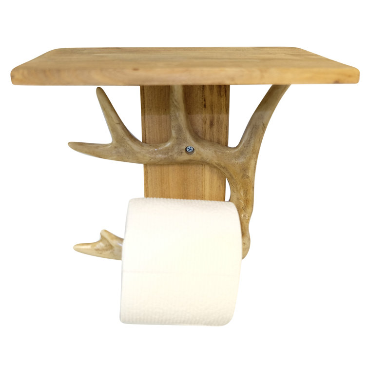 Rustic Brown Faux Antler Wall-Mounted Toilet Paper Holder with Wooden Phone Rest