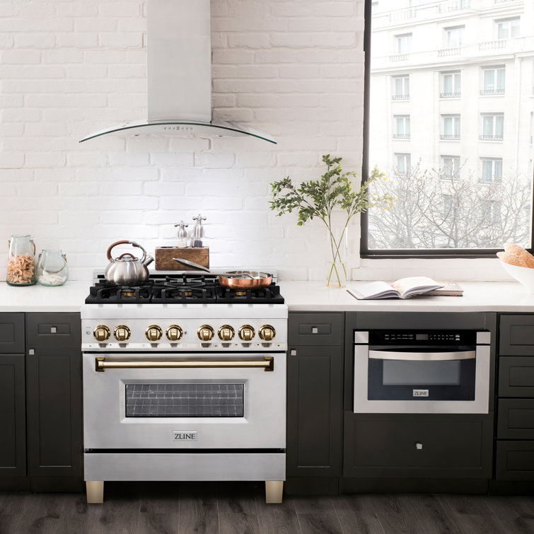 36" Stainless Steel and Gold Dual Fuel Range with Convection Oven