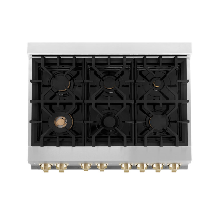 36" Stainless Steel and Gold Dual Fuel Range with Convection Oven