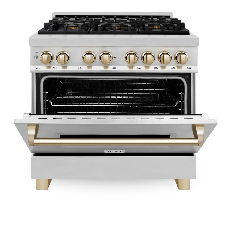 36" Stainless Steel and Gold Dual Fuel Range with Convection Oven