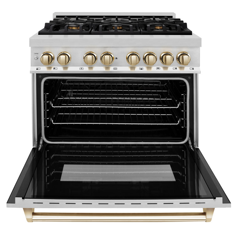 36" Stainless Steel and Gold Dual Fuel Range with Convection Oven