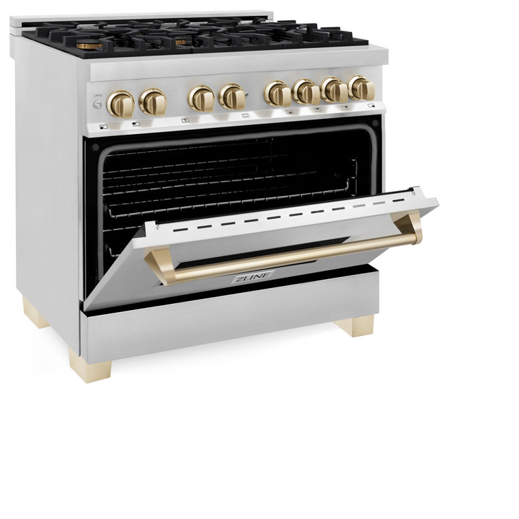 36" Stainless Steel and Gold Dual Fuel Range with Convection Oven