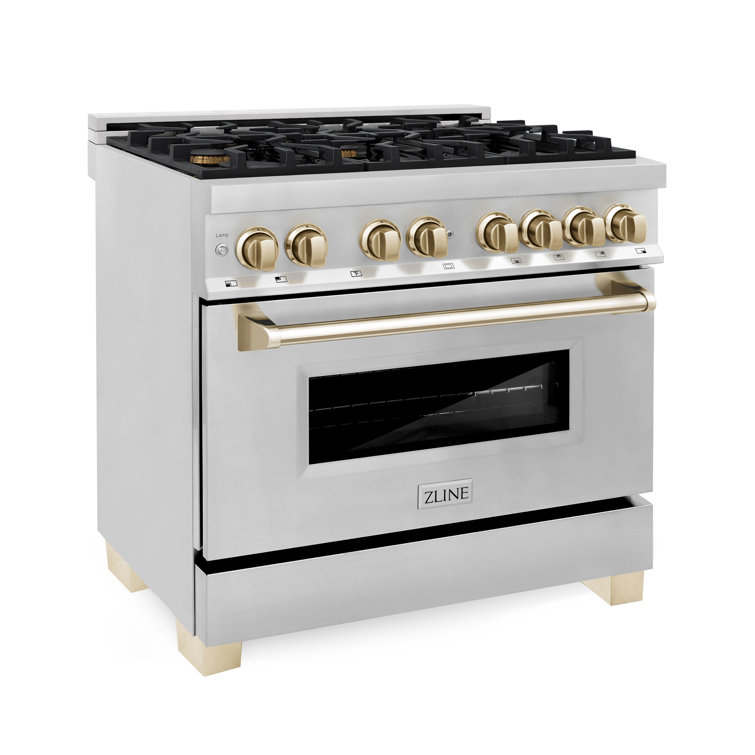 36" Stainless Steel and Gold Dual Fuel Range with Convection Oven