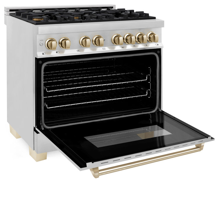 36" Stainless Steel and Gold Dual Fuel Range with Convection Oven