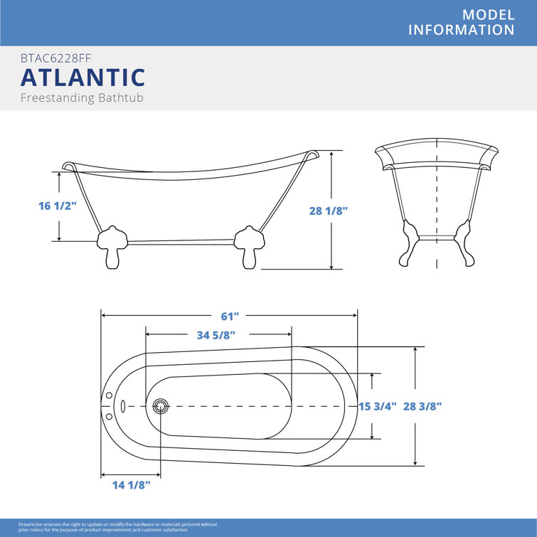 61" White Acrylic Freestanding Clawfoot Bathtub