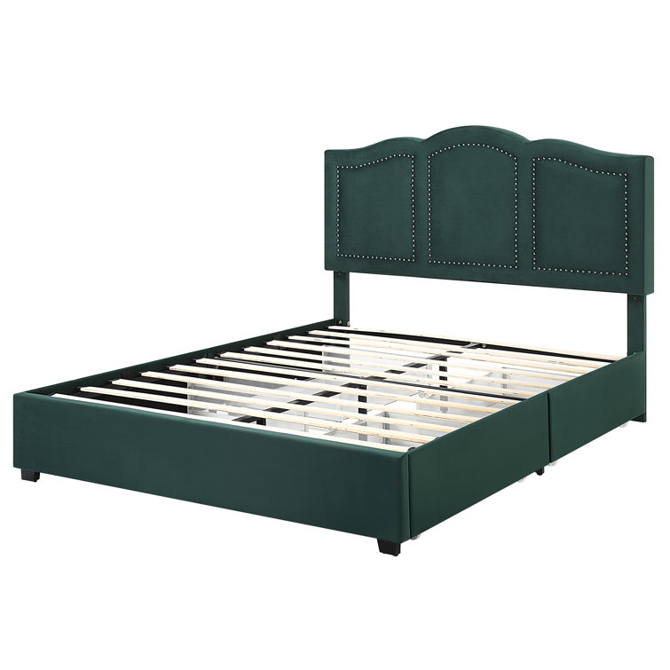 Dark Green Velvet Upholstered Full Storage Bed with Nailhead Trim