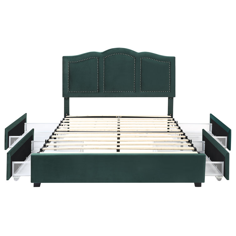 Dark Green Velvet Upholstered Full Storage Bed with Nailhead Trim