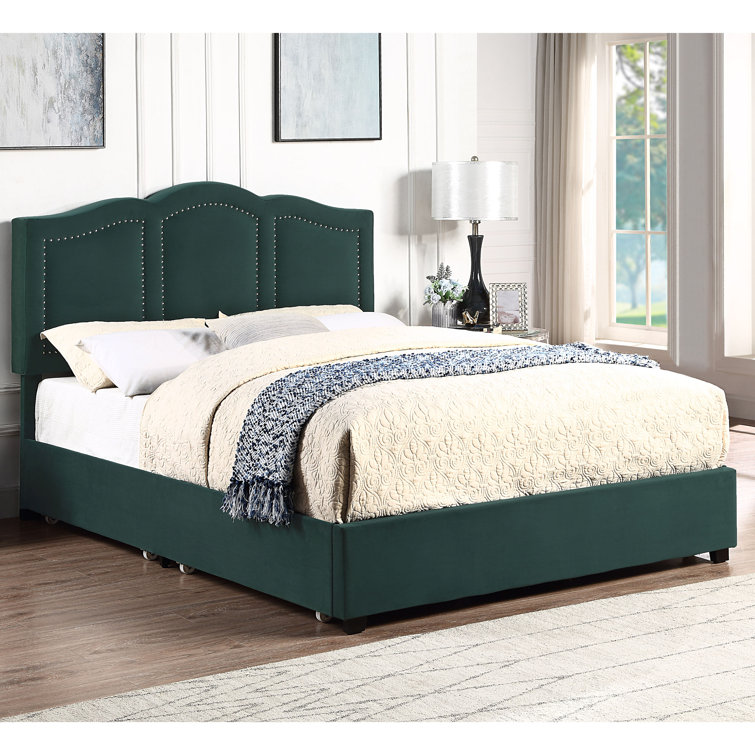 Dark Green Velvet Upholstered Full Storage Bed with Nailhead Trim