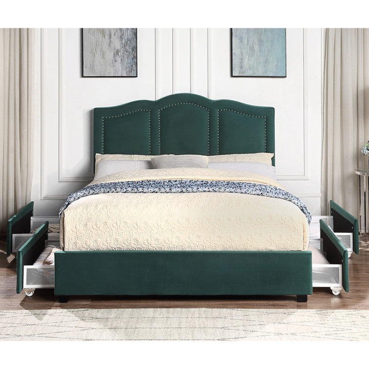 Dark Green Velvet Upholstered Full Storage Bed with Nailhead Trim