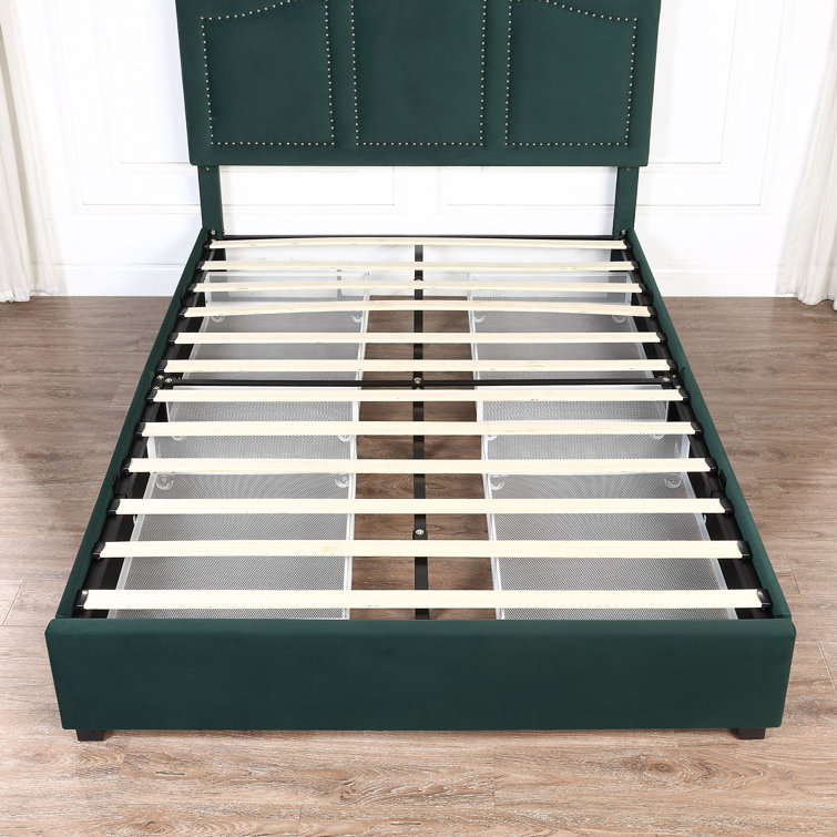 Dark Green Velvet Upholstered Full Storage Bed with Nailhead Trim