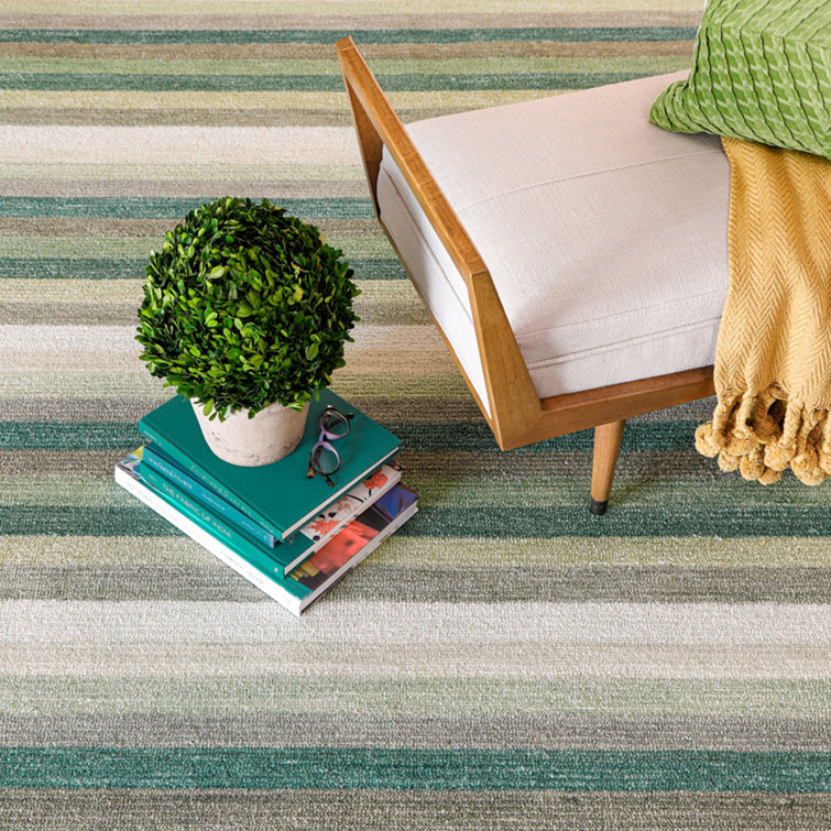 Handmade Green and Beige Wool Striped Rectangular Rug