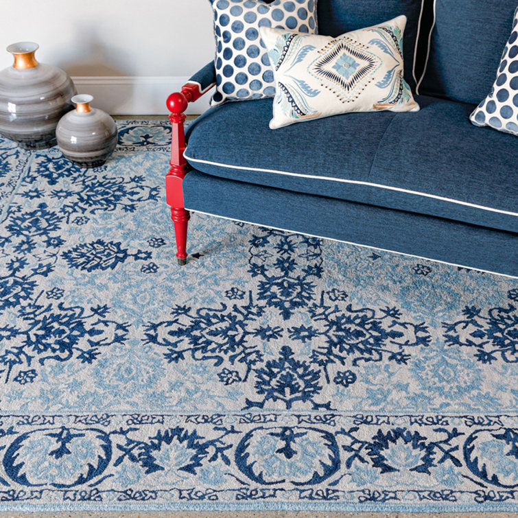 Hand Tufted Blue Wool Rectangular Rug with Cotton Backing