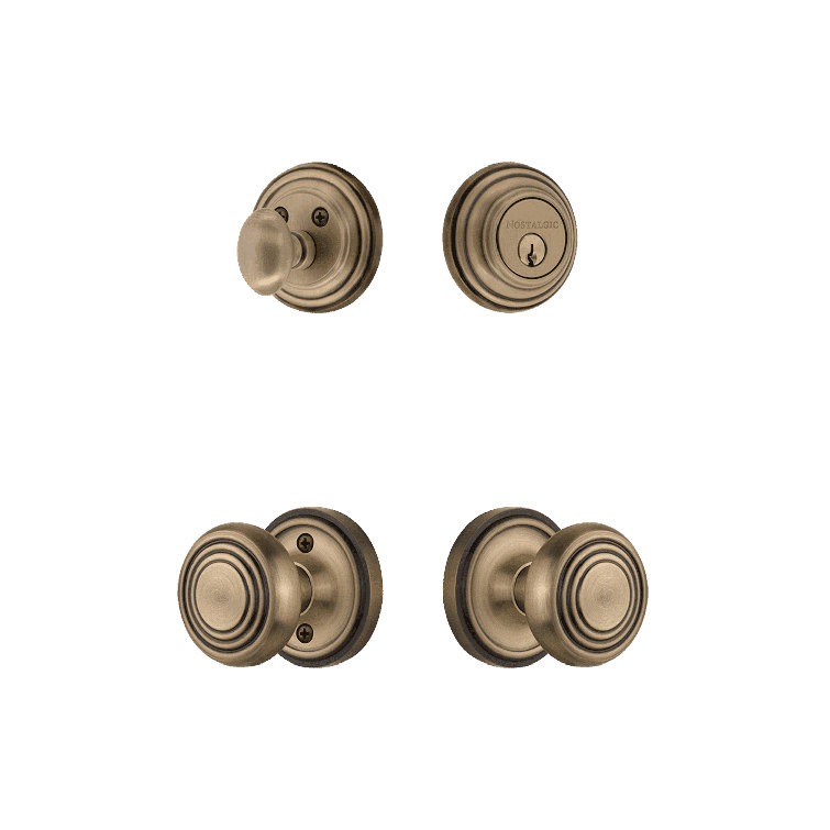 Antique Brass Classic Rosette Entry Set with Deco Knob