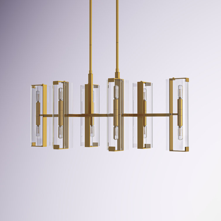 Warm Brass 12-Light Linear Chandelier with Clear Glass Shades
