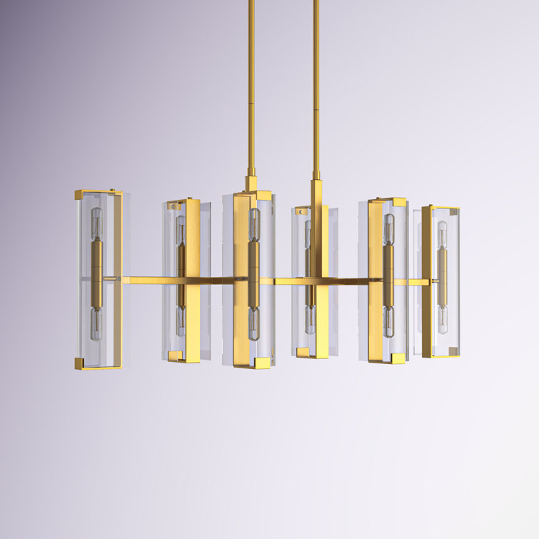 Warm Brass 12-Light Linear Chandelier with Clear Glass Shades