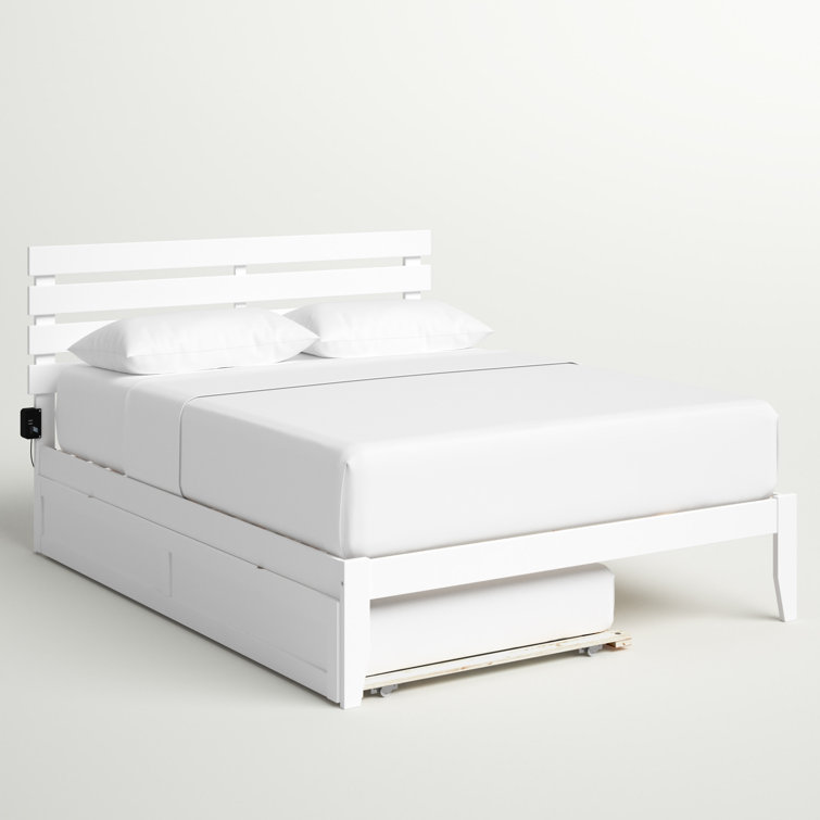 White Queen Wood Platform Bed with Slatted Headboard