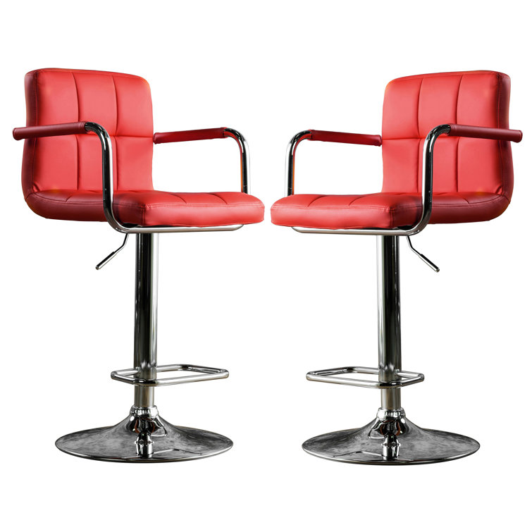 Red Faux Leather Adjustable Swivel Bar Stools with Armrests