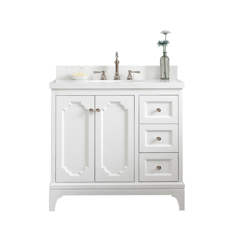 Pure White 36'' Single Bathroom Vanity with Quartz Carrara Top and Mirror
