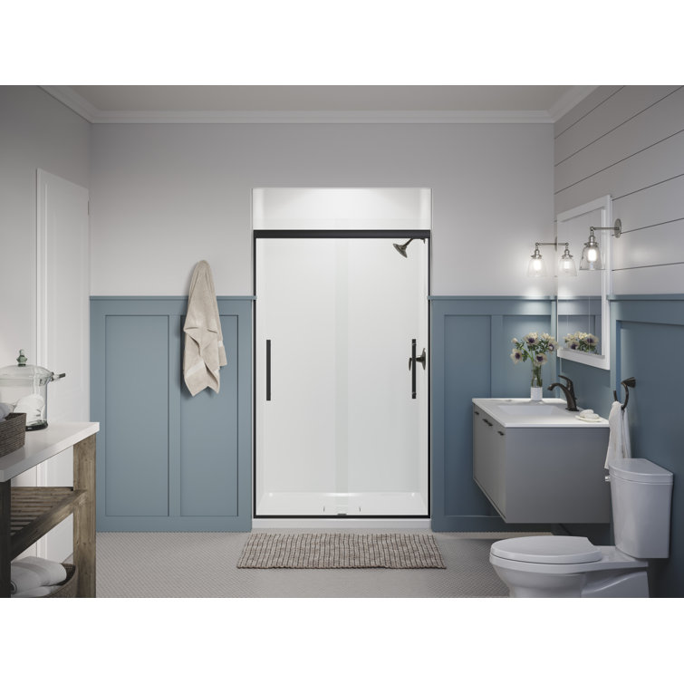 Matte Black Frameless Sliding Shower Door with Clear Glass Panels