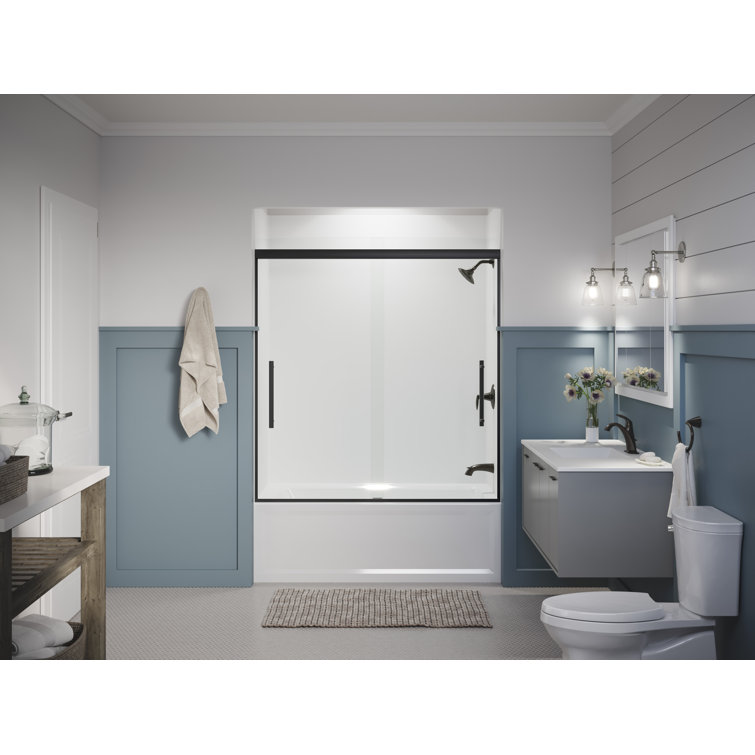 Pleat 63-9/16" Frameless Sliding Bath Door with Crystal Clear Glass and Matte Black Frame