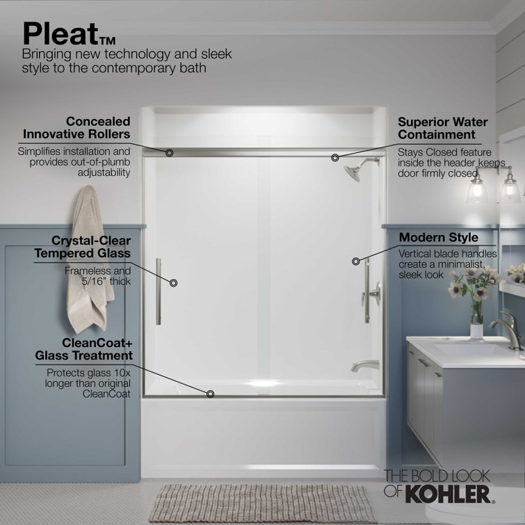 Pleat 63-9/16" Frameless Sliding Bath Door with Crystal Clear Glass and Matte Black Frame