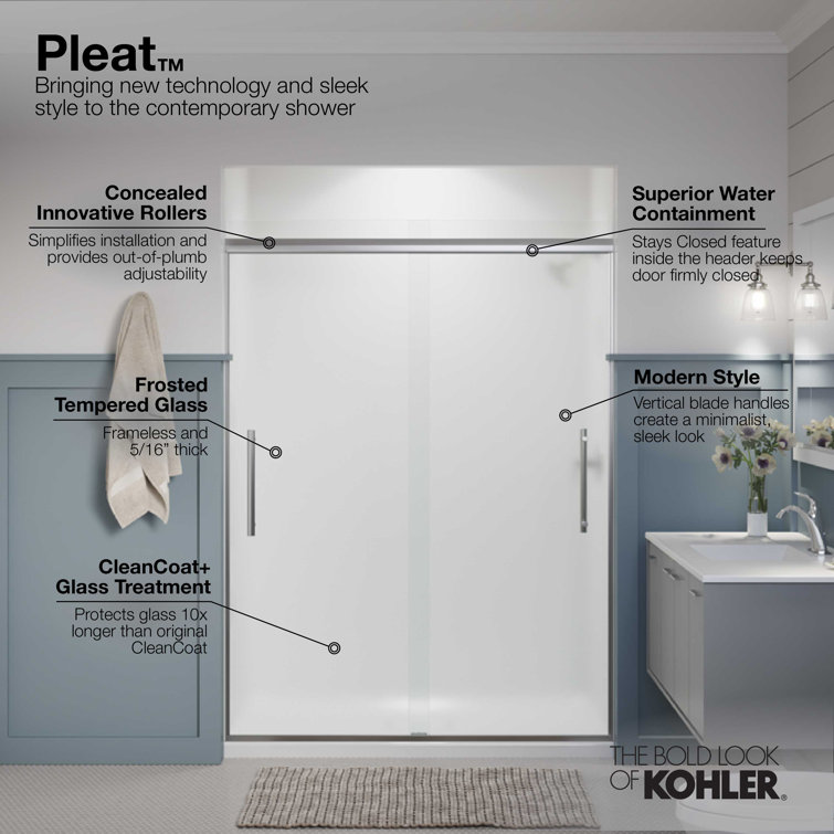 Pleat Frameless Sliding Shower Door with Frosted Glass and Brushed Nickel Frame
