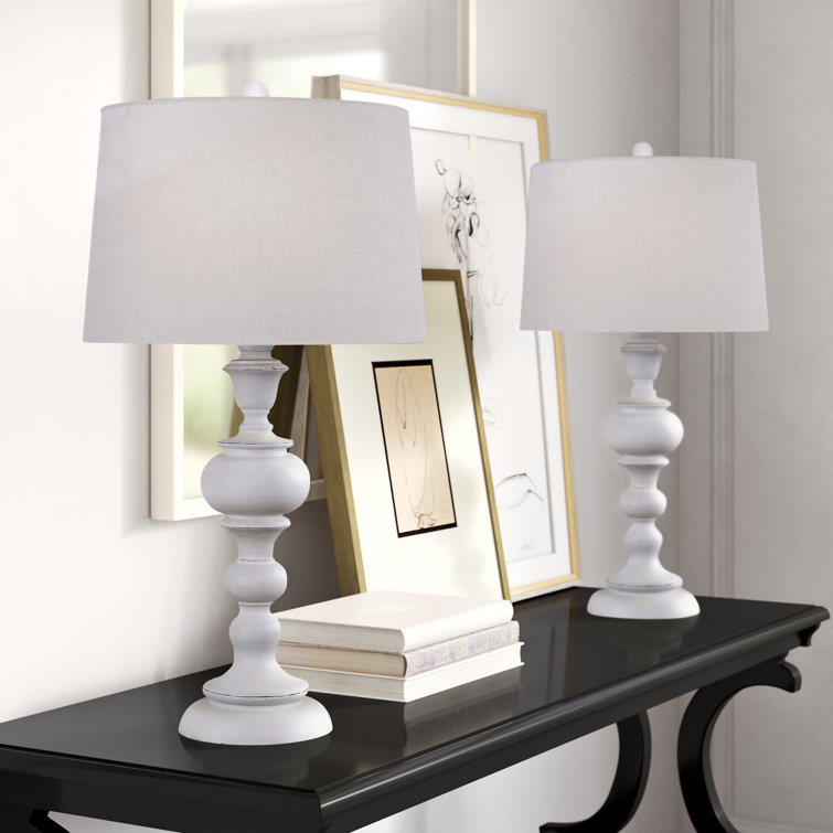 30" Distressed Off-White Polyresin Table Lamps with Gray Linen Shades, Set of 2