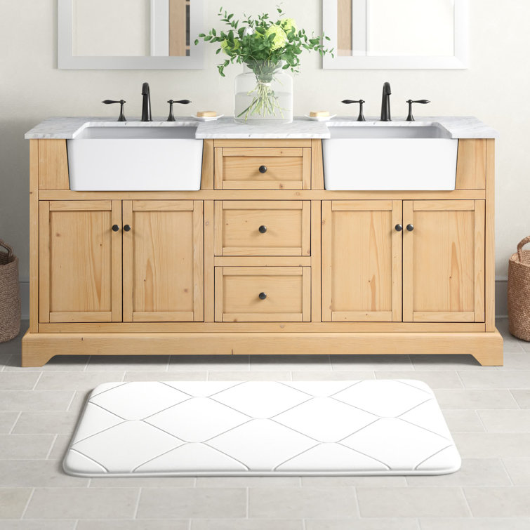 Natural Wood Double Bathroom Vanity with Carrara Marble Top