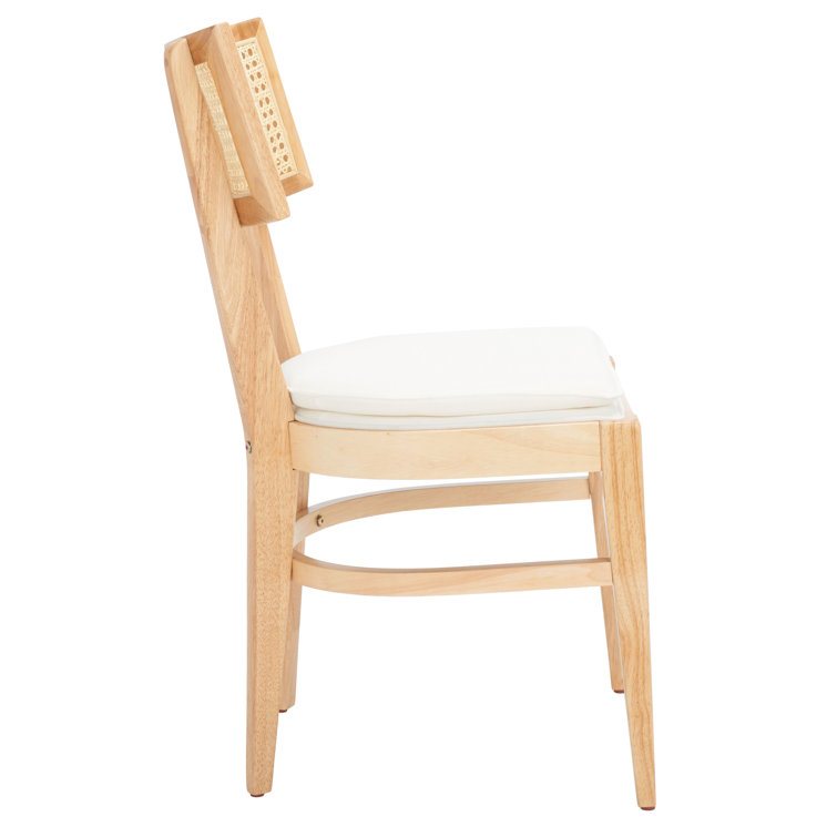 Natural Rubberwood and Cane Side Chair with White Upholstery