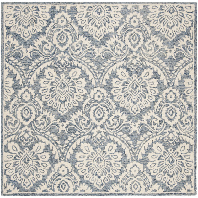 Handmade Blossom Blue/Ivory Wool 6' Square Floral Area Rug